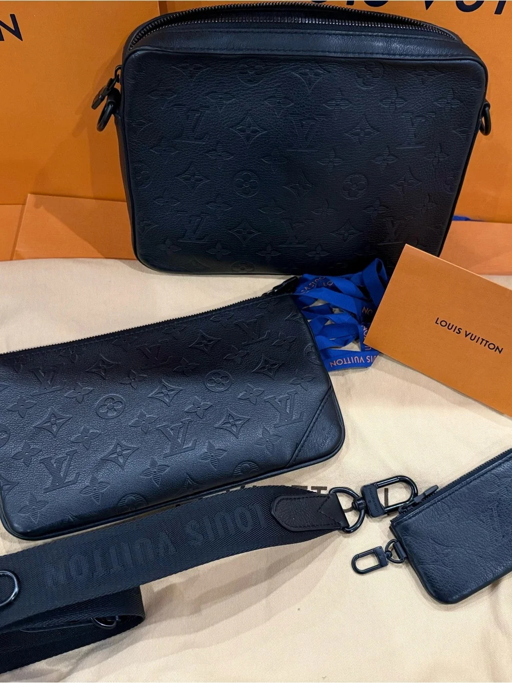 Louis Vuitton Black Embossed Monogram Messenger Set with Strap and Pouch